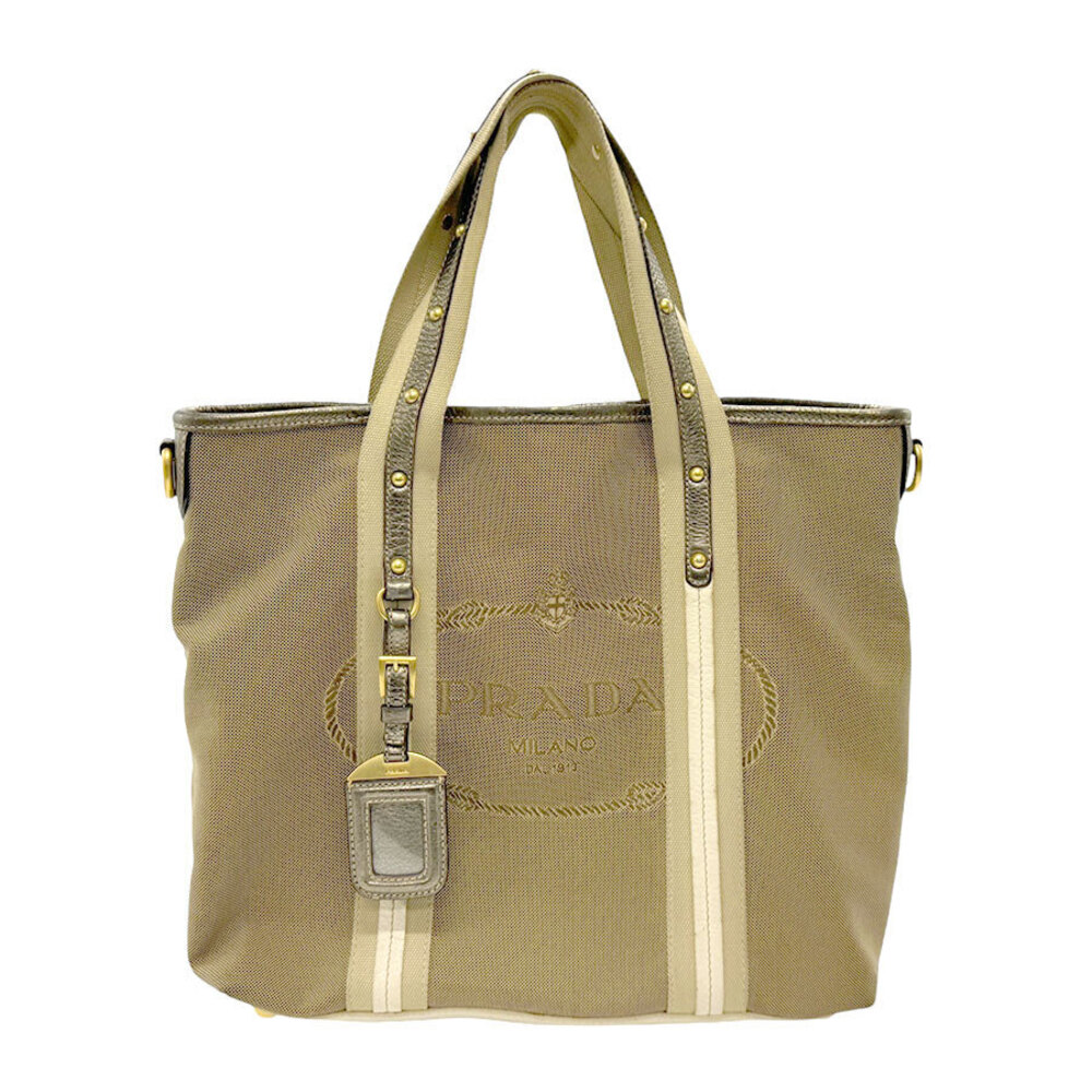 Prada 2way Shoulder Bag Jacquard Canvas Leather Brown